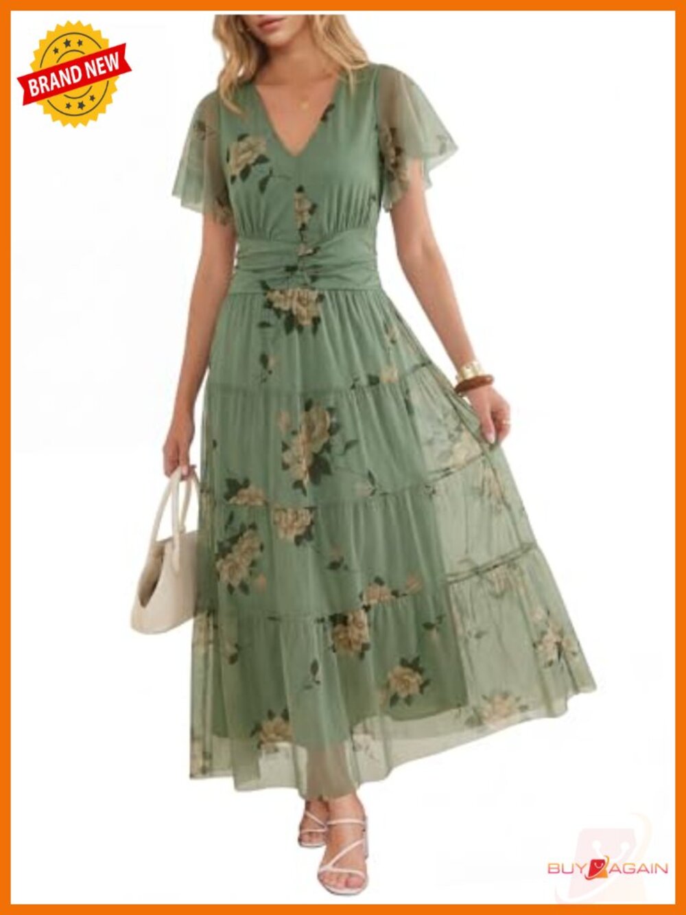 Women's Floral Tulle Short Sleeve V-Neck Maxi Dress Wedding Guest